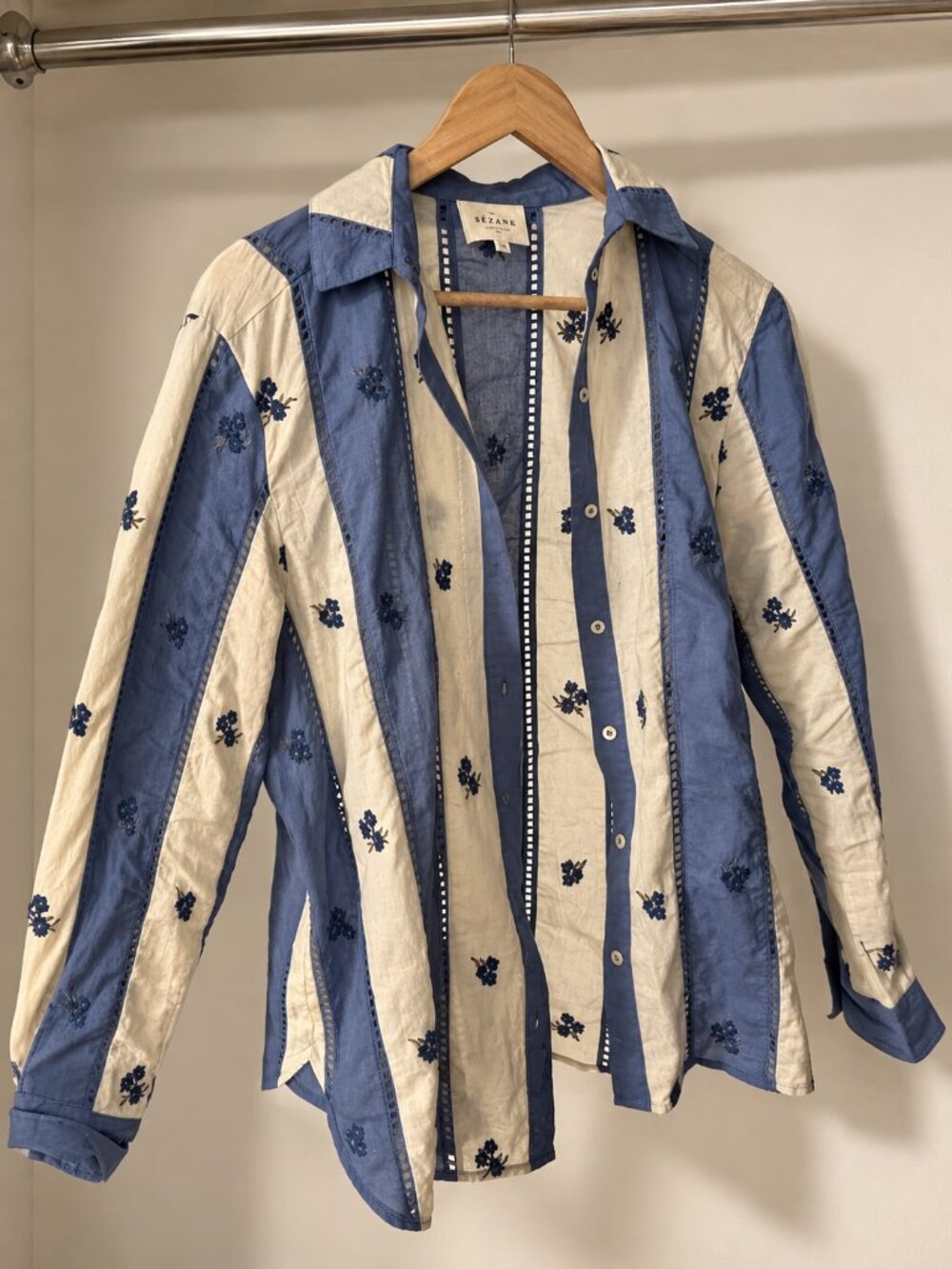 Sezane Blue & Cream Floral Embroidered Button-Down Shirt Size 32